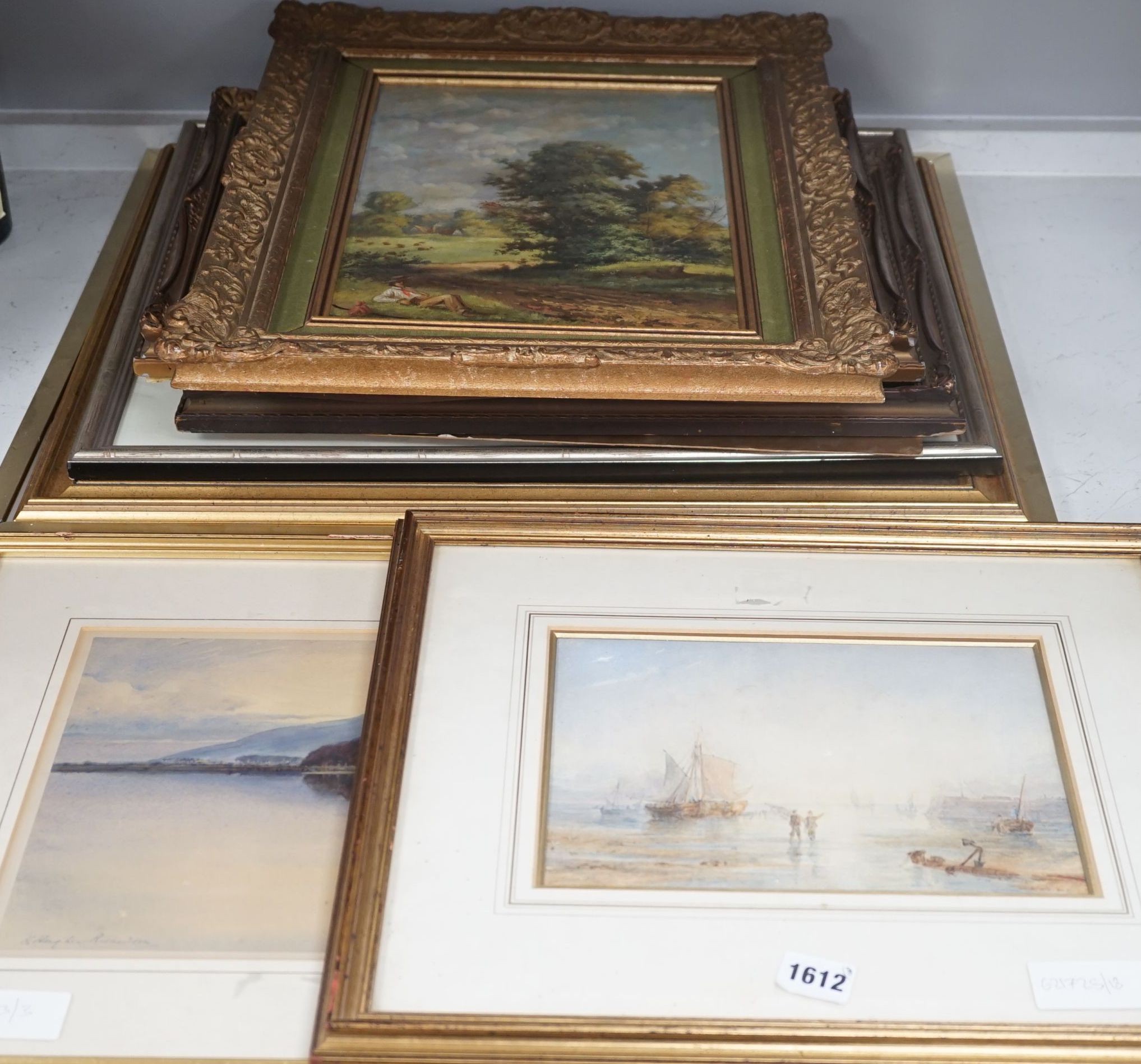 Copley Fielding, watercolour, Fisherfolk at low tide, signed, 17 x 24cm, a Hughes Richardson lake scene and six other assorted pictures